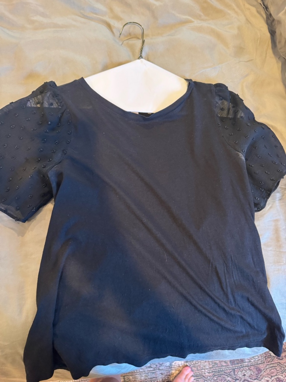 LOFT black  Short-Sleeve Top with Sheer Dotted Puff Sleeves
